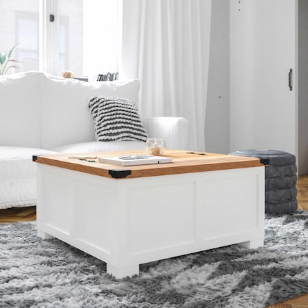 Flash Furniture Wyatt 35.75in Farmhouse Storage Coffee Table, Hinged Lift Top, Hidden Storage, White/Rustic Oak ZG-ZP-030-WT-GG